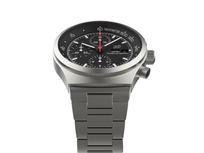Porsche Design Chronograph 1 - 1975 Limited Edition – Herrenuhren Chronograph aus Titan. Das Gehäuse ist rund und silber. Das Textilarmband ist weiß. Das Zifferblatt ist ein Index in schwarz. – Ansicht 2