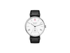 Nomos Glashütte Ludwig 36 Neomatik "Ärzte ohne Grenzen" Limited Edition Automatik Edelstahl 36mm weißes Zifferblatt schwarzes Lederband – Damenuhren Uhr ohne Datum aus Edelstahl. Das Gehäuse ist rund und silber. Das Lederarmband ist schwarz. Das Zifferblatt ist römisch Index und weiß.