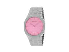 Gucci 25H Rosa Quarz Edelstahl 38mm weißes Zifferblatt Metallband YA163410 – Herrenuhren Uhr ohne Datum aus Edelstahl. Das Gehäuse ist rund und silber. Das Edelstahlarmband ist silber. Das Zifferblatt ist ein Index in weiß.