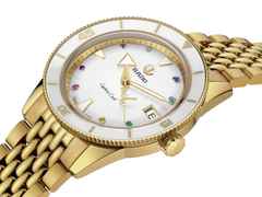 Rado Captain Cook Automatik Edelstahl gelbgold beschichtet 37 mm Marina Hoermanseder Edition – Damenuhren Uhr mit Datum aus Edelstahl, Leder und PVD beschichtet. Das Gehäuse ist rund und gelbgold. Das Edelstahlarmband ist gelbgold. Das Zifferblatt ist ein Index in weiß. – Ansicht 4