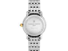 Frederique Constant Slimline Ladies Moonphase Quarz Edelstahl 30mm Perlmutt-Zifferblatt Metallband – Damenuhren Uhr ohne Datum aus Edelstahl und PVD beschichtet. Das Gehäuse ist rund und silber-gelbgold. Das Edelstahlarmband ist silber-gelbgold. Das Zifferblatt ist ein Index in weiß. – Ansicht 2