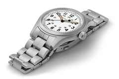 Hamilton Khaki Field Mechanical Handaufzug Edelstahl 42mm weißes Zifferblatt Metallband – Herrenuhren Uhr ohne Datum aus Edelstahl. Das Gehäuse ist rund und silber. Das Edelstahlarmband ist silber. Das Zifferblatt ist arabisch und weiß. – Ansicht 2