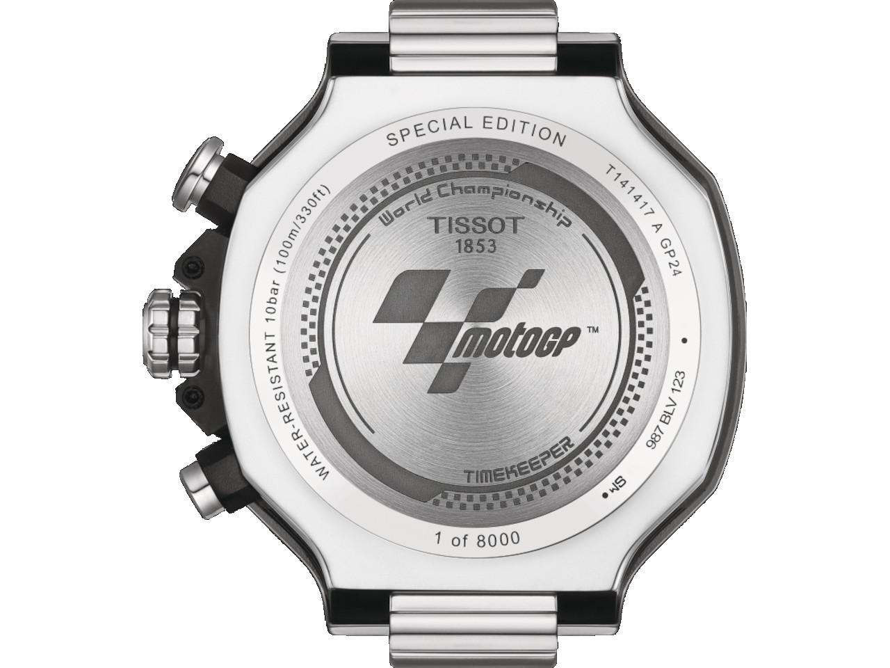 Tissot T-Race MotoGP                  2024 Chronograph Limited Edition  Quarz Edelstahl 45mm blaues Zifferblatt blaues Silikonband – Herrenuhren Chronograph aus Edelstahl. Das Gehäuse ist rund und silber. Das Kautschuk / Kunststoff / Silikon Armband ist blau. Das Zifferblatt ist arabisch Index und blau. – Ansicht 2