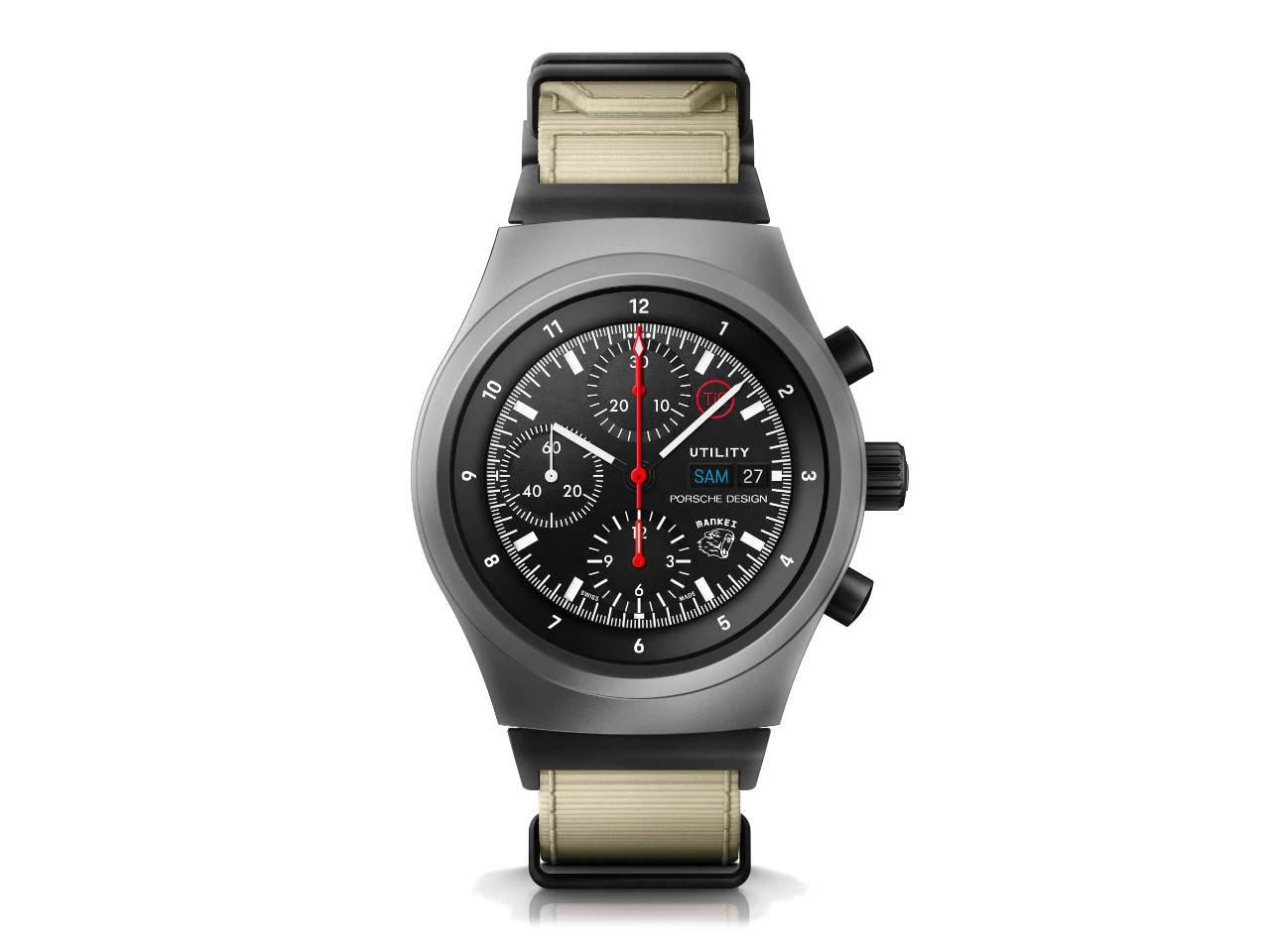 Porsche Design Chronograph 1 Utility Limited Edition – Herrenuhren Chronograph aus Titan und Titancarbid beschichtet. Das Gehäuse ist rund und grau. Das Lederarmband ist grau. Das Zifferblatt ist ein Index in schwarz. – Ansicht 2