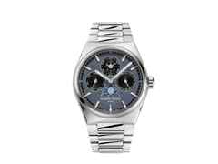 Frederique Constant Highlife Perpetual Calendar Manufacture Automatik Edelstahl 41mm blaues Zifferblatt Metallband – Herrenuhren Uhr mit Kalender aus Edelstahl. Das Gehäuse ist rund und silber. Das Edelstahlarmband ist silber. Das Zifferblatt ist ein Index in blau.