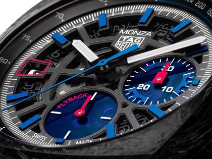 TAG Heuer Monza Flyback Chronometer Automatik Carbon 42mm skelettiertes Zifferblatt schwarzes Textilband – Herrenuhren Chronograph aus DLC beschichtet, Edelstahl, Carbon und Leder. Das Gehäuse ist quadratisch und schwarz. Das Lederarmband ist schwarz. Das Zifferblatt ist ein Index in grau. – Ansicht 3