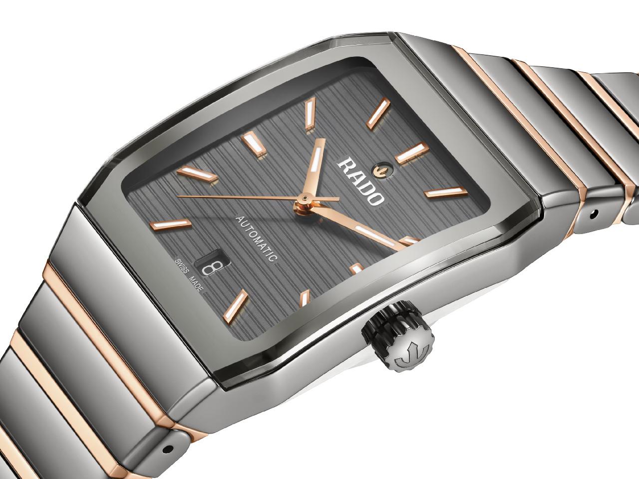 Rado Anatom Automatik Keramik 32,5mm graues Zifferblatt graues Keramikband – Damenuhren Uhr mit Datum aus Edelstahl, Keramik und PVD beschichtet. Das Gehäuse ist rechteckig und grau. Das Keramikarmband ist grau. Das Zifferblatt ist ein Index in grau. – Ansicht 2