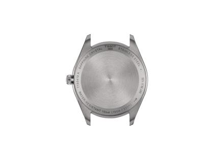 Tissot PR 100 Quarz Edelstahl 40mm silberfarbenes Zifferblatt brauens Lederband – Herrenuhren Uhr mit Datum aus Edelstahl und Leder. Das Gehäuse ist rund und silber-roségold. Das Lederarmband ist braun. Das Zifferblatt ist ein Index in silber. – Ansicht 3
