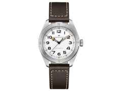 Hamilton Khaki Field Expedition Auto Edelstahl 41mm weißes Zifferblatt braunes Lederband – Herrenuhren Uhr ohne Datum aus Edelstahl und Leder. Das Gehäuse ist rund und silber. Das Edelstahlarmband ist braun. Das Zifferblatt ist arabisch und weiß.