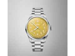 Oris Big Crown Pointer Date Automatik Edelstahl 40mm gelbes Zifferblatt Metallband – Herrenuhren Uhr mit Datum aus Edelstahl. Das Gehäuse ist rund und silber. Das Edelstahlarmband ist silber. Das Zifferblatt ist arabisch und gelb. – Ansicht 6