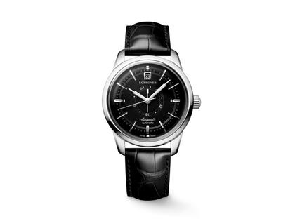 Longines Conquest Heritage Central Power Reserve Automatik Edelstahl 38mm schwarzes Zifferblatt schwarzes Lederband – Herrenuhren Uhr mit Datum aus Edelstahl und Leder. Das Gehäuse ist rund und silber. Das Lederarmband Kroko / Alligator ist schwarz. Das Zifferblatt ist ein Index in schwarz.