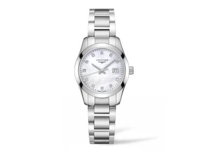 Damenuhren Uhr mit Datum aus Edelstahl. Das Gehäuse ist rund und silber. Das Edelstahlarmband ist silber. Das Zifferblatt ist ein Index in weiß.