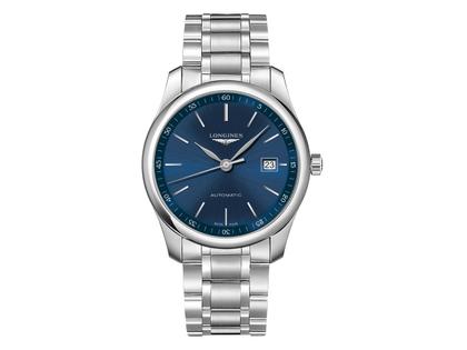 Longines Master Collection Automatik 40 mm blau Index Metallband – Herrenuhren Uhr mit Datum aus Edelstahl. Das Gehäuse ist rund und silber. Das Edelstahlarmband ist silber. Das Zifferblatt ist römisch und blau.