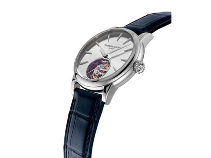 Frederique Constant Classic Tourbillon Manufacture Automatik Edelstahl 40mm silberfarbenes Zifferblatt blaues Lederband Limited Edition – Herrenuhren Uhr ohne Datum aus Edelstahl. Das Gehäuse ist rund und silber. Das Lederarmband Kroko / Alligator ist blau. Das Zifferblatt ist ein Index in silber. – Ansicht 2