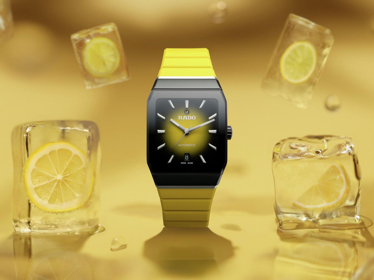 Rado Anatom Automatik Keramik 32,5mm schwarz-gelbes Zifferblatt gelbes Kautschukband – Damenuhren Uhr mit Datum aus Edelstahl, Kautschuk, Keramik und PVD beschichtet. Das Gehäuse ist rechteckig und schwarz. Das Kautschuk / Kunststoff / Silikon Armband ist gelb. Das Zifferblatt ist ein Index in gelb. – Ansicht 6