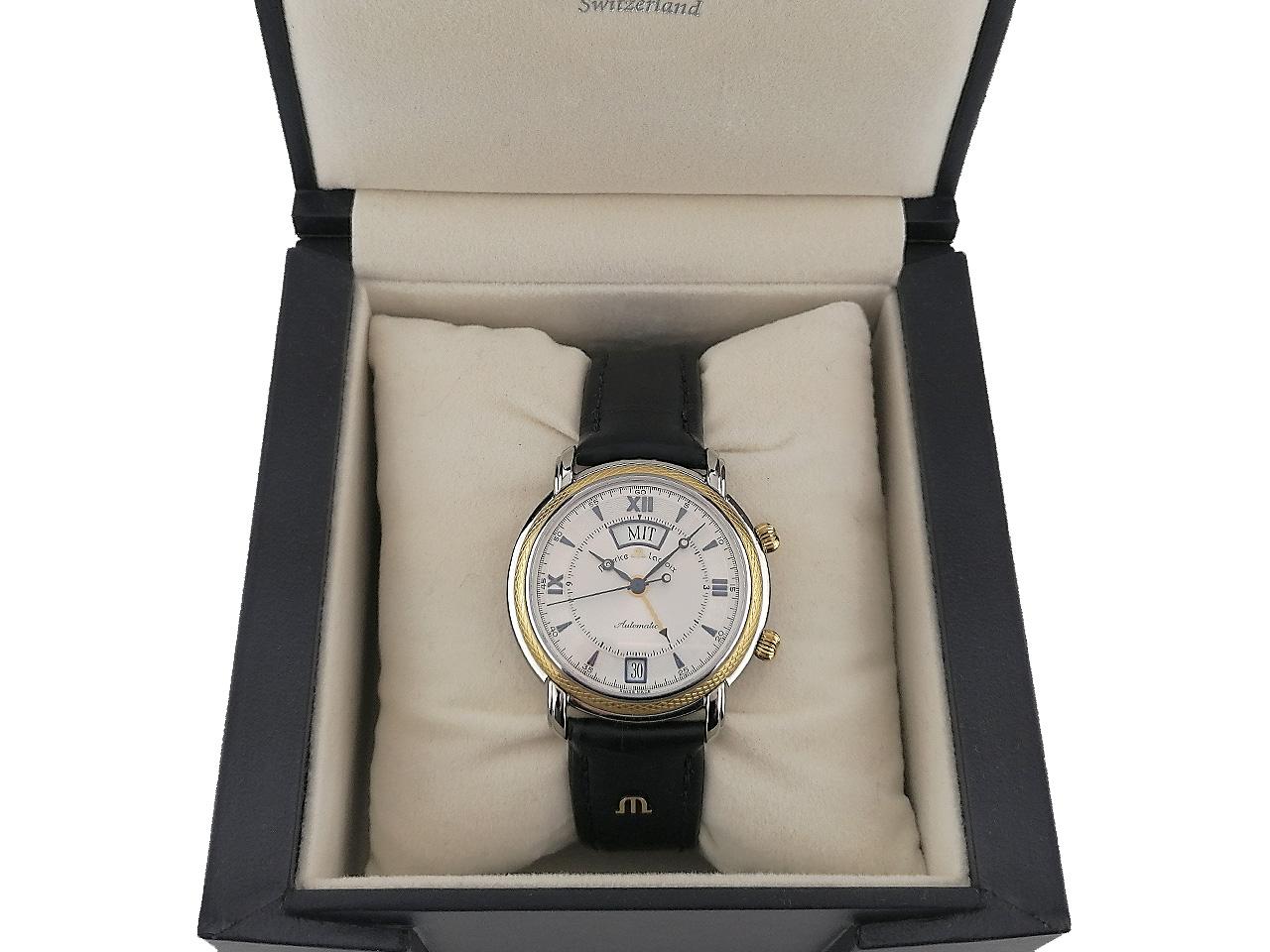 Maurice Lacroix Masterpiece Reveil - Wecker Automatik Edelstahl und Gelbgold 38mm Lederband 20584-1606 Full Set Occasion Refurbished – Herrenuhren Uhr mit Datum aus 750 Gelbgold und Edelstahl. Das Gehäuse ist rund und silber-gelbgold. Das Lederarmband Kroko / Alligator ist blau. Das Zifferblatt ist römisch Index und silber. – Ansicht 3