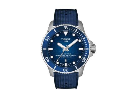 Tissot Seastar 2000 Automatik Edelstahl 44mm blaues Zifferblatt blaues Kautschukband – Herrenuhren Uhr mit Datum aus Edelstahl, Kautschuk und Keramik. Das Gehäuse ist rund und silber. Das Kautschuk / Kunststoff / Silikon Armband ist blau. Das Zifferblatt ist ein Index in blau.