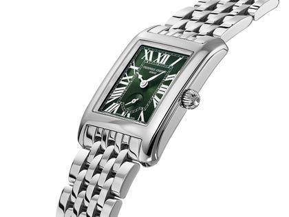 Frederique Constant Classics Carree Small Seconds Quarz Edelstahl 36x25mm grünes Zifferblatt Metallband – Damenuhren Uhr mit Datum aus Edelstahl. Das Gehäuse ist rechteckig und silber. Das Edelstahlarmband ist silber. Das Zifferblatt ist römisch und grün. – Ansicht 2