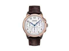 Union Glashütte 1893 Johannes Dürrstein Edition Chronograph Handaufzug Rotgold 41mm weißes Zifferblatt braunes Lederband limitiert – Herrenuhren Chronograph aus 750 Rotgold. Das Gehäuse ist rund und roségold. Das Lederarmband ist braun. Das Zifferblatt ist arabisch und weiß.