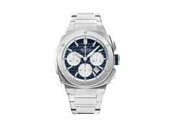 Alpina Alpiner Extreme Chronograph Automatik Edelstahl 41mm blaues Zifferblatt Metallband – Herrenuhren Chronograph aus Edelstahl. Das Gehäuse ist rund und silber. Das Edelstahlarmband ist silber. Das Zifferblatt ist ein Index in blau.