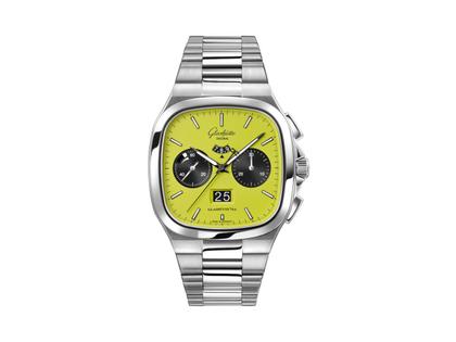 Glashütte Original Seventies Chronograph Panoramadatum Fusion Limited Edition Automatik Edelstahl 40mm grünes Zifferblatt Metallband – Herrenuhren Chronograph aus 585 Weißgold und Edelstahl. Das Gehäuse ist quadratisch und silber. Das Edelstahlarmband ist silber. Das Zifferblatt ist ein Index in grün.