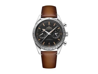 Omega Speedmaster '57 Chronograph Handaufzug Edelstahl 40mm schwarzes Zifferblatt Lederband – Herrenuhren Chronograph aus Edelstahl. Das Gehäuse ist rund und silber. Das Lederarmband ist braun. Das Zifferblatt ist ein Index in schwarz.