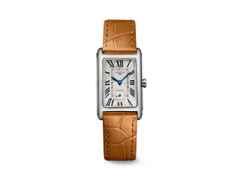 Longines DolceVita  Medium Quarz Edelstahl 23x37mm silbernes Zifferblatt römisch braunes Lederband – Damenuhren Uhr ohne Datum aus Edelstahl. Das Gehäuse ist rechteckig und silber. Das Lederarmband Kroko / Alligator ist braun. Das Zifferblatt ist römisch und silber.