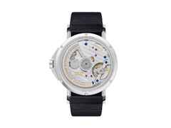 Nomos Glashütte Ahoi neomatik 38 Datum Automatik Edelstahl silbernes Zifferblatt dunkelblaues Textilband Glasboden – Herrenuhren Uhr mit Datum aus Edelstahl. Das Gehäuse ist rund und silber. Das Textilarmband ist blau. Das Zifferblatt ist arabisch Index und silber. – Ansicht 4