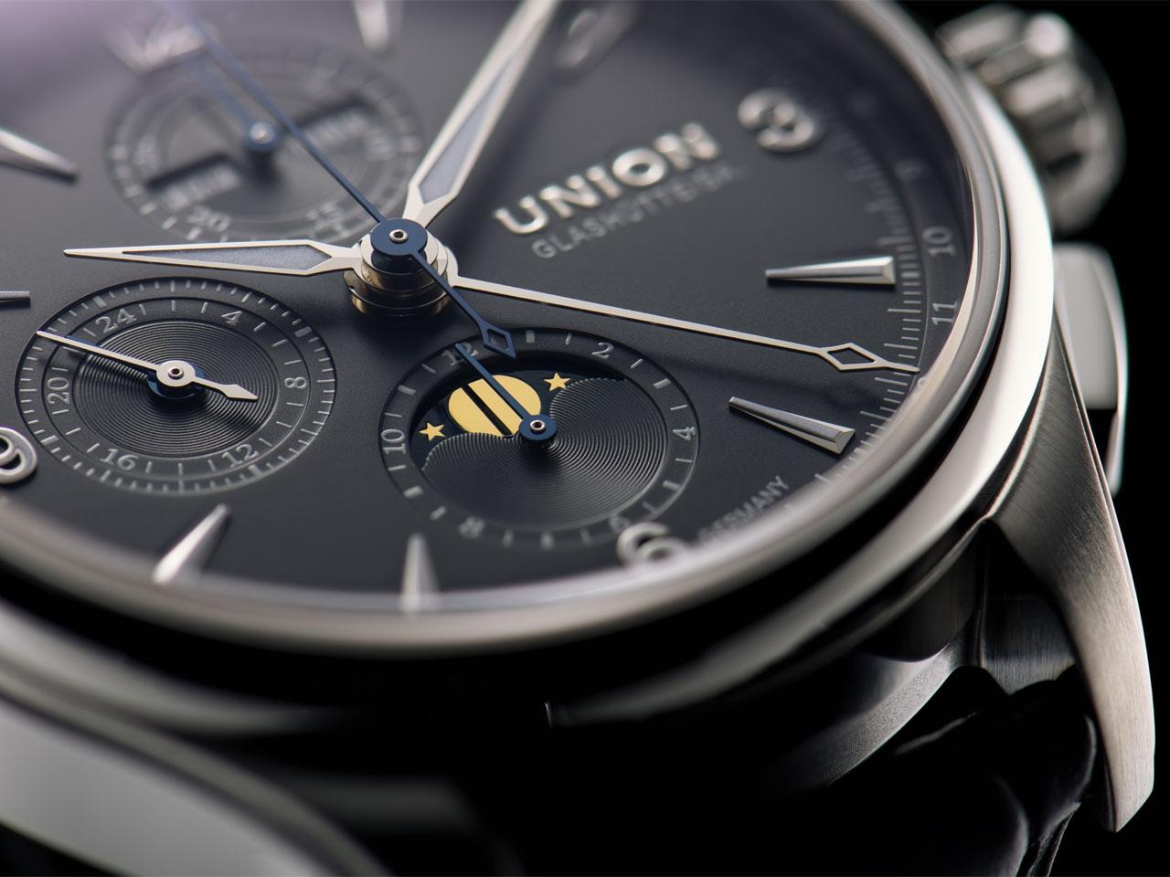 Union Glashütte Belisar Chronograph Mondphase Automatik Edelstahl 42mm graues Zifferblatt schwarzes Lederband – Herrenuhren Chronograph aus Edelstahl. Das Gehäuse ist rund und silber. Das Lederarmband ist schwarz. Das Zifferblatt ist arabisch Index und grau. – Ansicht 4