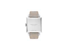 Nomos Glashütte Tetra Origins Ochra Handaufzug Edelstahl 29,5mm gelbes Zifferblatt graues Lederband Stahlboden – Damenuhren Uhr ohne Datum aus Edelstahl und Leder. Das Gehäuse ist quadratisch und silber. Das Lederarmband ist grau. Das Zifferblatt ist arabisch Index und gelb. – Ansicht 2