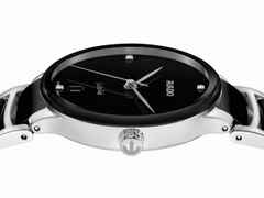 Rado Centrix Diamonds Quarz Edelstahl 35mm schwarzes Zifferblatt mit Brillanten schwarzes Keramikband – Damenuhren Uhr mit Datum aus Edelstahl und Keramik. Das Gehäuse ist rund und silber. Das Keramikarmband ist schwarz. Das Zifferblatt ist ein Index in schwarz. – Ansicht 3