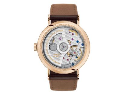 Nomos Glashütte Tangente Roségold neomatik 175 Years of Watchmaking Glashütte Automatik 35mm weißes Zifferblatt braunes Lederband – Damenuhren Uhr ohne Datum aus 750 Rotgold. Das Gehäuse ist rund und roségold. Das Lederarmband ist braun. Das Zifferblatt ist arabisch Index und silber. – Ansicht 7