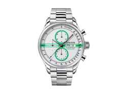 Union Glashütte Viro Chronograph Silvretta Classic 2022 Limited Edition Automatik Edelstahl 44mm weiß-grünes Zifferblatt schwarzes Lederband – Herrenuhren Chronograph aus Edelstahl. Das Gehäuse ist rund und silber. Das Lederarmband ist schwarz. Das Zifferblatt ist ein Index in grün. – Ansicht 2