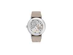 Nomos Glashütte Tangente 33 Champagner Handaufzug Edelstahl 33mm beiges Zifferblatt beiges Lederband Glasboden – Damenuhren Uhr ohne Datum aus Edelstahl. Das Gehäuse ist rund und silber. Das Lederarmband ist beige. Das Zifferblatt ist arabisch Index und beige. – Ansicht 5