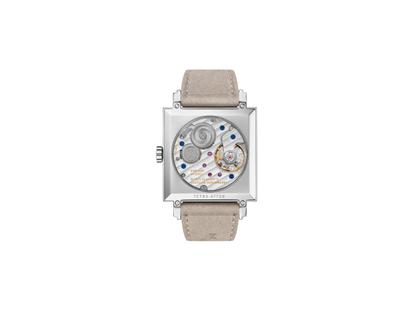 Nomos Glashütte Tetra Origins Basalt Handaufzug Edelstahl 29,5mm schwarzes Zifferblatt graues Lederband Glasboden – Damenuhren Uhr ohne Datum aus Edelstahl und Leder. Das Gehäuse ist quadratisch und silber. Das Lederarmband ist grau. Das Zifferblatt ist arabisch Index und schwarz. – Ansicht 2