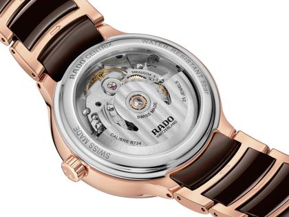 Rado Centrix Diamonds Automatik Open Heart Edelstahl Roségold-PVD 35mm braunes Zifferblatt mit Brillanten Metallband – Damenuhren Uhr ohne Datum aus Edelstahl, Keramik und PVD beschichtet. Das Gehäuse ist rund und roségold. Das Keramikarmband ist braun. Das Zifferblatt ist ein Index in braun. – Ansicht 4