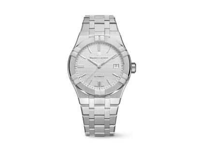 Maurice Lacroix Aikon Automatic Date Edelstahl 39mm silbernes Zifferblatt Metallband – Herrenuhren Uhr mit Datum aus Edelstahl. Das Gehäuse ist rund und silber. Das Edelstahlarmband ist silber. Das Zifferblatt ist ein Index in silber.