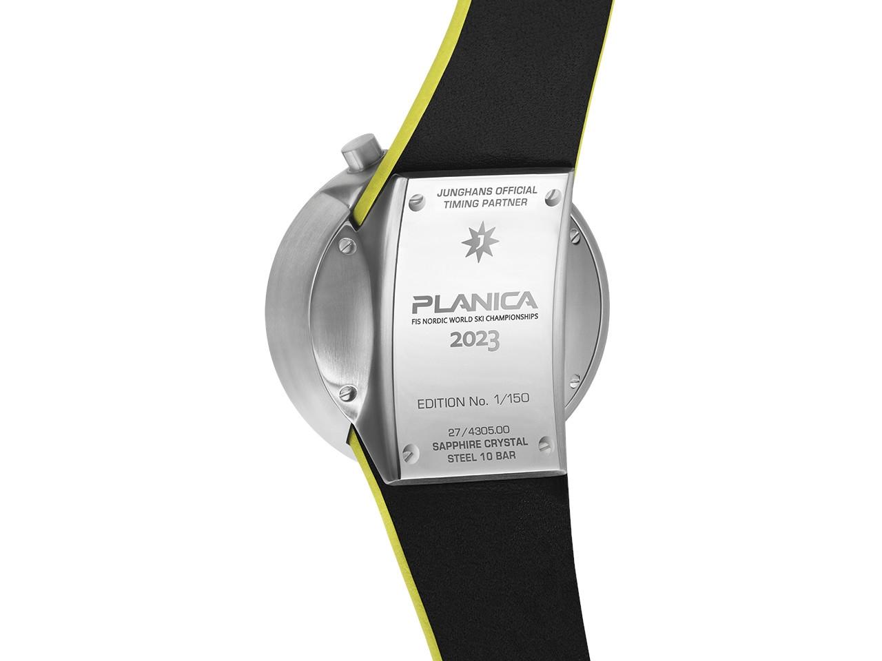 Junghans 1972 Competition FIS Edition Lemon 2023 Automatik Edelstahl 43mm gelbes Zifferblatt gelbes Lederband – Herrenuhren Chronograph aus Edelstahl und Leder. Das Gehäuse ist rund und silber. Das Lederarmband ist gelb. Das Zifferblatt ist ein Index in gelb. – Ansicht 2