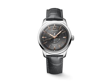 Longines Conquest Heritage Central Power Reserve Automatik Edelstahl 38mm anthrazitfarbenes Zifferblatt schwarzes Lederband – Herrenuhren Uhr mit Datum aus Edelstahl und Leder. Das Gehäuse ist rund und silber. Das Lederarmband Kroko / Alligator ist schwarz. Das Zifferblatt ist ein Index in anthrazit.