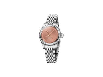 Oris Big Crown Pointer Date Automatik Edelstahl 29mm rosa Zifferblatt Metallband – Damenuhren Uhr mit Datum aus Edelstahl. Das Gehäuse ist rund und silber. Das Edelstahlarmband ist silber. Das Zifferblatt ist ohne Zeichen und rosa.