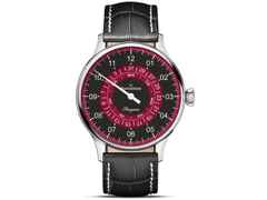 MeisterSinger Pangaea Day Date, 40mm Automatik schwarz bordeaux – Herrenuhren Uhr mit Datum aus Edelstahl. Das Gehäuse ist rund und silber. Das Lederarmband ist schwarz. Das Zifferblatt ist arabisch und rot.