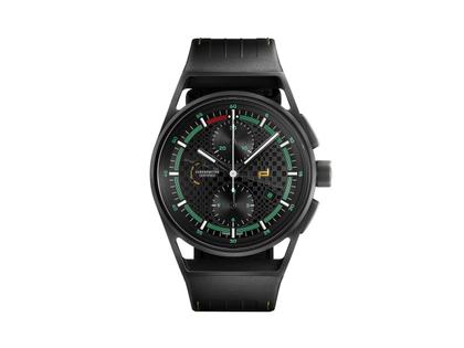 Porsche Design Chronograph 911 Spirit 70 Automatik Titan 42mm schwarzes Zifferblatt schwarzes Lederband Limited Edition – Herrenuhren Chronograph aus Titan und Titancarbid beschichtet. Das Gehäuse ist rund und schwarz. Das Lederarmband ist schwarz. Das Zifferblatt ist ein Index in schwarz.