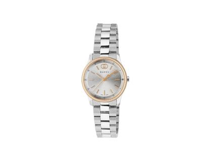 Gucci G-Timeless Quarz Edelstahl 29mm silbernes Zifferblatt Metallband YA1265070 – Damenuhren Uhr ohne Datum aus Edelstahl und PVD beschichtet. Das Gehäuse ist rund und silber-roségold. Das Edelstahlarmband ist silber. Das Zifferblatt ist ein Index in silber.