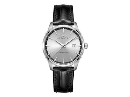 Hamilton Jazzmaster Gent Quarz Edelstahl 40mm silbernes Zifferblatt schwarzes Lederband – Herrenuhren Uhr mit Datum aus Edelstahl. Das Gehäuse ist rund und silber. Das Lederarmband ist schwarz. Das Zifferblatt ist ein Index in silber.