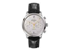 Glashütte Original Sixties Edelstahl silber Chronograph – Herrenuhren Chronograph aus Edelstahl. Das Gehäuse ist rund und silber. Das Lederarmband Kroko / Alligator ist schwarz. Das Zifferblatt ist ein Index in silber.
