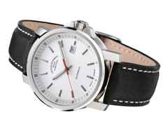 Mühle Glashütte 29er Big Automatik Edelstahl 42,4mm weißes Zifferblatt schwarzes Lederband – Herrenuhren Uhr mit Datum aus Edelstahl. Das Gehäuse ist rund und silber. Das Lederarmband ist schwarz. Das Zifferblatt ist ein Index in weiß. – Ansicht 2