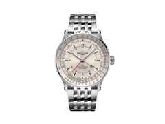 Breitling Navitimer Automatic GMT 41 Chronometer Edelstahl cremefarbenes Zifferblatt Metallband – Herrenuhren Uhr mit Datum aus Edelstahl. Das Gehäuse ist rund und silber. Das Edelstahlarmband ist silber. Das Zifferblatt ist ein Index in beige.
