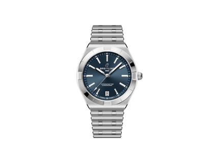 Breitling Chronomat 36 Automatik Edelstahl blaues Zifferblatt Metallband – Damenuhren Uhr mit Datum aus Edelstahl. Das Gehäuse ist rund und silber. Das Edelstahlarmband ist silber. Das Zifferblatt ist ein Index in blau.