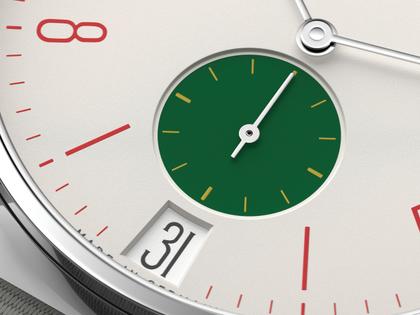 Nomos Glashütte Tangente 38 Datum "175 Years Watchmaking - Go" Handaufzug Edelstahl cremeweißes Zifferblatt graues Textilband Glasboden – Herrenuhren Uhr mit Datum aus Edelstahl. Das Gehäuse ist rund und silber. Das Textilarmband ist grau. Das Zifferblatt ist arabisch Index und beige. – Ansicht 4