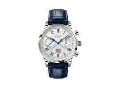 Glashütte Original Senator Chronograph Automatik Edelstahl 41mm weißes Zifferblatt  blaues Lederband – Herrenuhren Chronograph aus Edelstahl und Leder. Das Gehäuse ist rund und silber. Das Lederarmband ist blau. Das Zifferblatt ist römisch Index und silber.